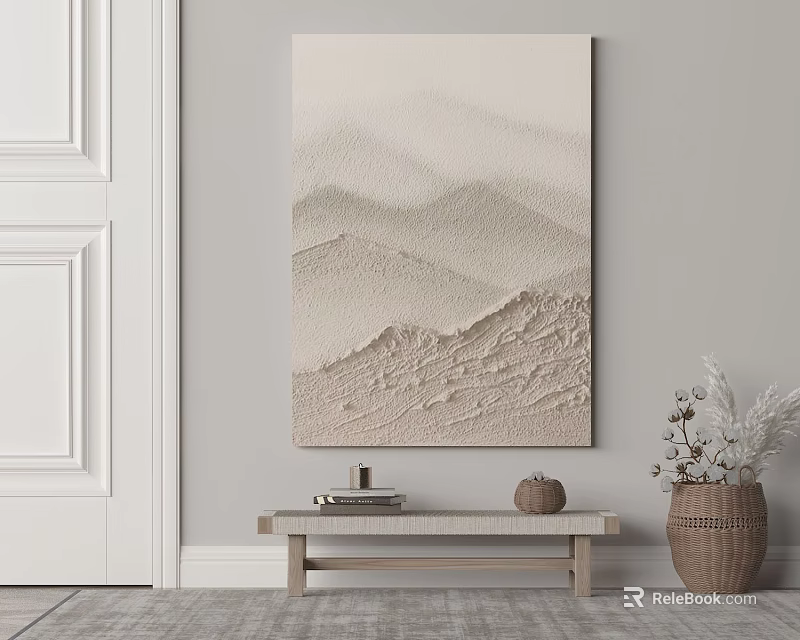 Beige Textured Wall Art With Mountain Wave Design And Small Table Decor 3d model