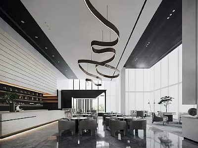 Modern Lounge Area Interior With Comfortable Seating Large Windows And Pendant Lights 3d model