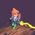 Animated Character With Red Hair Wearing Blue Yellow Outfit Spraying Yellow Liquid On Wooden Planks