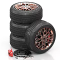 Stacked Car Tires With Alloy Wheels And Automotive Brake Components Nearby