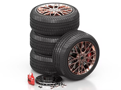 Stacked Car Tires With Alloy Wheels And Automotive Brake Components Nearby 3d model