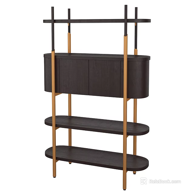 Modern Dark Brown Wooden Shelf Unit With Gold Metal Frame And Multi Tier Open Shelves 3d model 