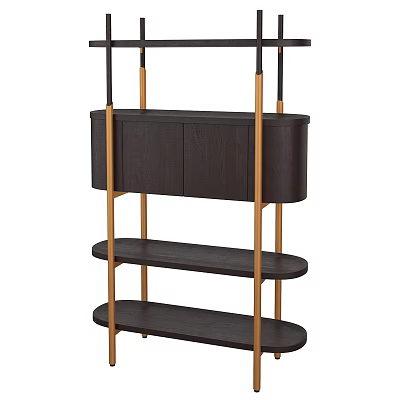 Modern Dark Brown Wooden Shelf Unit With Gold Metal Frame And Multi Tier Open Shelves 3d model