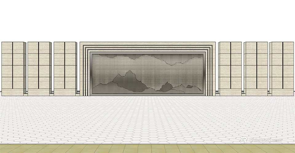 Modern Feature Wall With Stone Frame Mountain Pattern And Side Pillars 3d model 