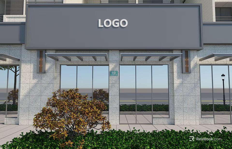 Commercial Street Storefront With Glass Doors Stone Facade Awning Logo Sign And Green Plants 3d model 