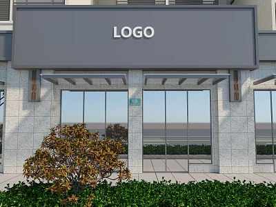 Commercial Street Storefront With Glass Doors Stone Facade Awning Logo Sign And Green Plants 3d model