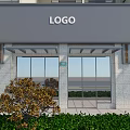 Commercial Street Storefront With Glass Doors Stone Facade Awning Logo Sign And Green Plants