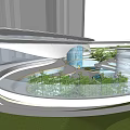 Modern Sales Office Building Curved Design Glass Curtain Walls Outdoor Courtyard Lawn Trees Pathways Lighting