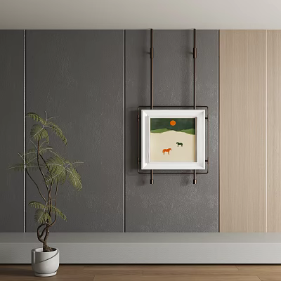 Abstract Painting With Orange Sun Green Grass Brown Animal On Gray Wall By Green Plant 3d model
