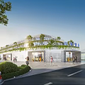 Modern Commercial Street with Glass Facade Rooftop Greenery Pedestrians Walking and Sunlit Shops
