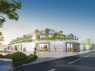 Modern Commercial Street with Glass Facade Rooftop Greenery Pedestrians Walking and Sunlit Shops 3d model