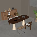 Modern Wooden Dining Table Set With White Base Chairs Sideboard And Green Plant Decorations