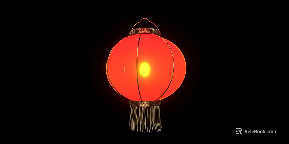 Traditional Red Hanging Lantern Illuminated With Yellow Light And Golden Tassels 3d model 