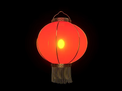 Traditional Red Hanging Lantern Illuminated With Yellow Light And Golden Tassels 3d model