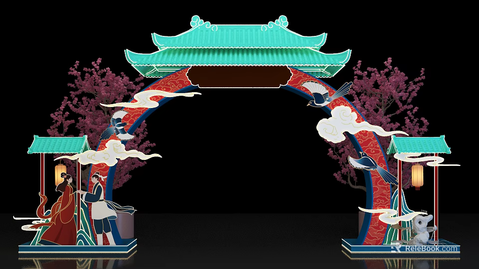 Traditional Chinese Event Archway with Green Roof Red Frame Cloud Patterns Cranes Cherry Blossoms Lanterns 3d model 