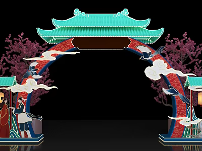 Traditional Chinese Event Archway with Green Roof Red Frame Cloud Patterns Cranes Cherry Blossoms Lanterns 3d model