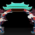 Traditional Chinese Event Archway with Green Roof Red Frame Cloud Patterns Cranes Cherry Blossoms Lanterns
