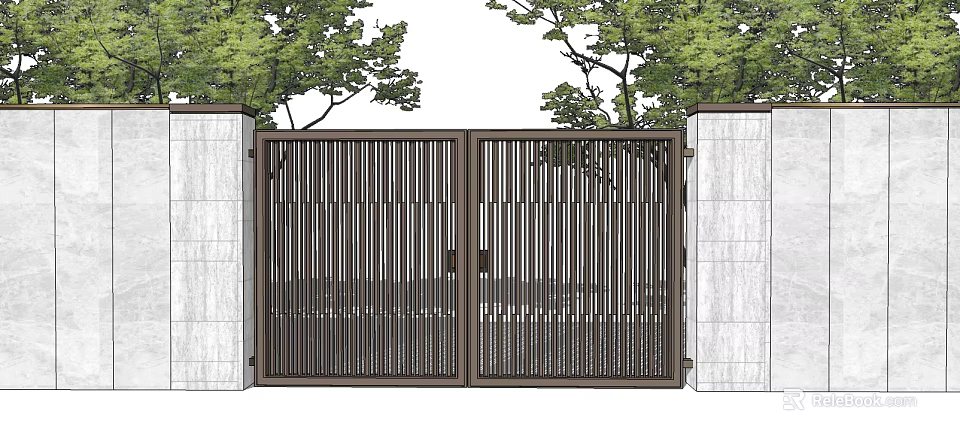 Modern Entry Gate With Dark Metal Vertical Slats White Stone Pillars And Green Trees 3d model 