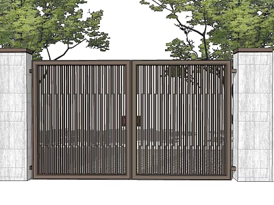 Modern Entry Gate With Dark Metal Vertical Slats White Stone Pillars And Green Trees 3d model