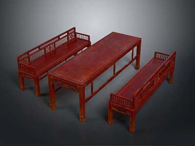 Traditional Chinese Mahogany Table and Bench Set with Intricate Carved Patterns and Classic Wooden Structure 3d model