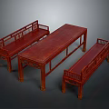 Traditional Chinese Mahogany Table and Bench Set with Intricate Carved Patterns and Classic Wooden Structure