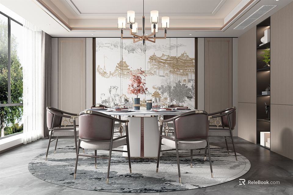 Modern Chinese Restaurant Interior With Round Dining Table Chairs Decorative Wall Chandelier And Area Rug 3d model 