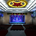 Spacious Conference Hall Interior Featuring Red Star Ceiling Yellow Decor Red Curtains And Blue Walls
