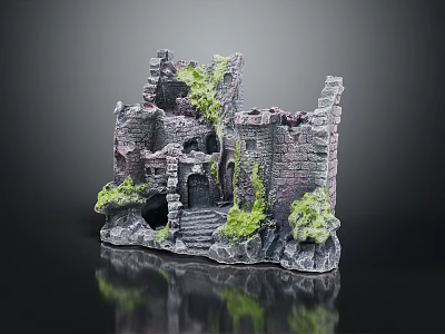 Medieval Style Decorative Castle Ornament Set With Ruined Walls Green Plants And Stone Base 3d model