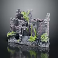 Medieval Style Decorative Castle Ornament Set With Ruined Walls Green Plants And Stone Base