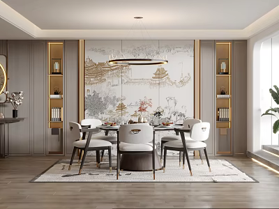 Modern Restaurant Interior With Decorative Painting Backdrop Chandelier Dining Table Chairs And Rug 3d model