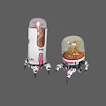 Small And Large White Mechanical Devices With Transparent Domes Legs Containing Colorful Creatures 3d model
