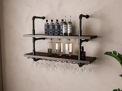 Wall Mounted Wine Rack With Bottles And Hanging Wine Glasses Storage 3d model