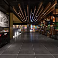 Modern Internet Cafe Interior With Wooden Ceiling Beams Shelves Lighting And Computer Setups 3d model
