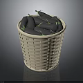 White Wicker Basket Filled With Fresh Purple Eggplants On Dark Background