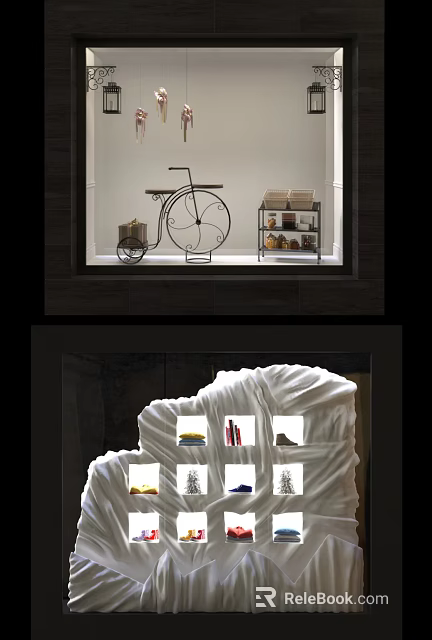 Shop Window Display With Vintage Bicycle Shelves Boxes And Cloud Like Decoration 3d model 