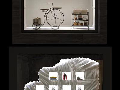 Shop Window Display With Vintage Bicycle Shelves Boxes And Cloud Like Decoration 3d model