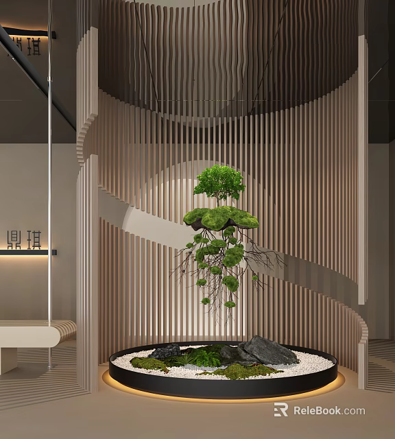 Modern Plant Combination Featuring Spiral Wooden Slats Hanging Greenery Mossy Platform Stones And Circular Base 3d model 