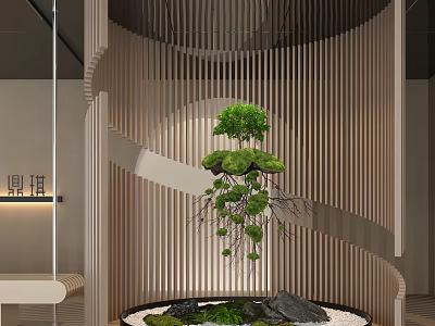 Modern Plant Combination Featuring Spiral Wooden Slats Hanging Greenery Mossy Platform Stones And Circular Base 3d model
