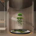 Modern Plant Combination Featuring Spiral Wooden Slats Hanging Greenery Mossy Platform Stones And Circular Base