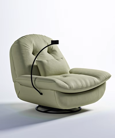 Light Beige Upholstered Single Sofa With Plush Cushion Black Curved Lamp And Swivel Base 3d model