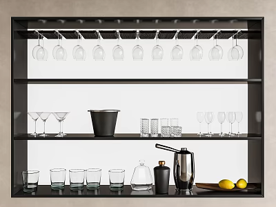 Elegant Bar Shelf With Decanter Wine Glasses Cocktail Shaker Ice Bucket And Fresh Lemons 3d model