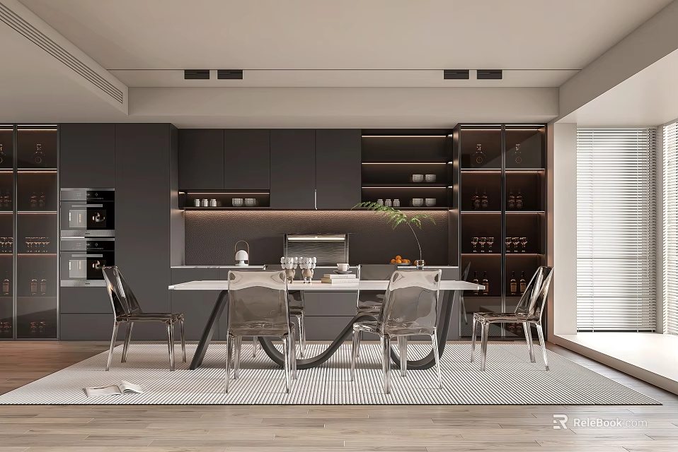 Modern Restaurant Open Kitchen With Island Counter Dining Table Chairs And Cabinets 3d model 