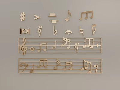 Wooden Musical Notes Symbols Wall Hanging with Treble Bass Clef Design 3d model