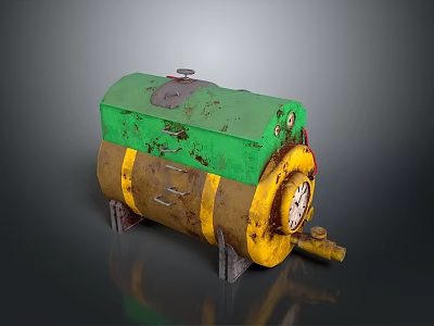 Old Green And Yellow Rusty Train Tank With Metal Brackets And Wheels 3d model