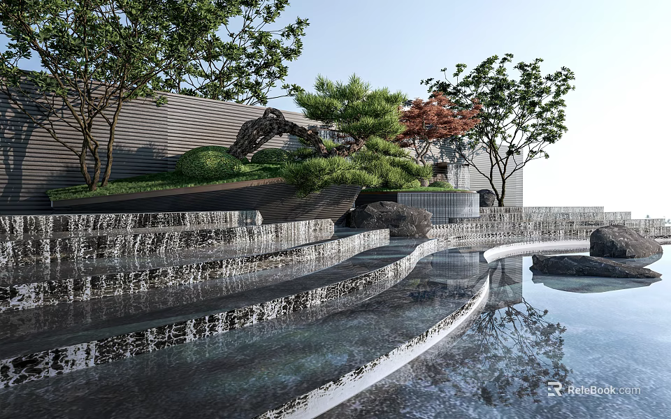 Modern Garden Ornament with Stepped Water Feature Green Plants and Reflected Water Surface 3d model 