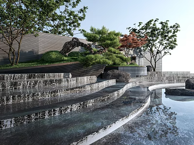 Modern Garden Ornament with Stepped Water Feature Green Plants and Reflected Water Surface 3d model