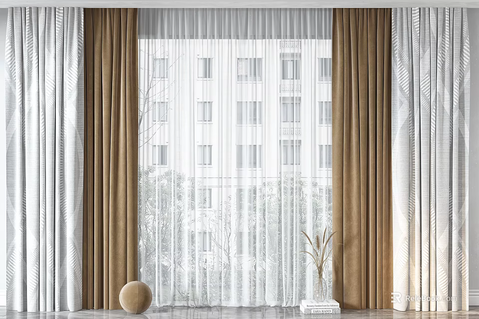 Brown Curtains Layered With White Sheer Panels For Living Room Window Decor 3d model 
