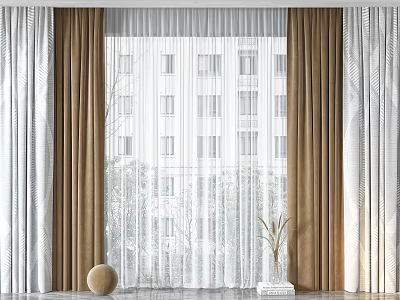Brown Curtains Layered With White Sheer Panels For Living Room Window Decor 3d model