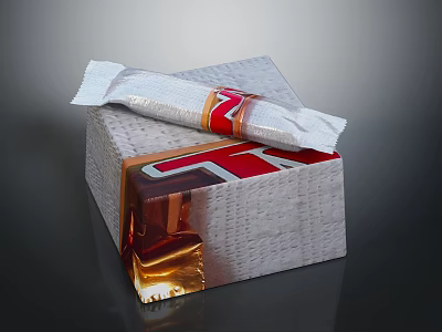 Delicious Chocolate Bar With White Wrapper And Red Gold Accents Placed On Textured Silver Box 3d model