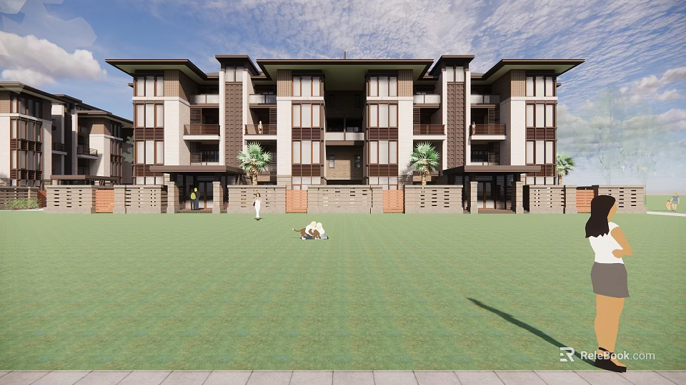 Modern Townhouse Exterior Design With Multiple Floors Balconies And Green Lawn Landscape 3d model 